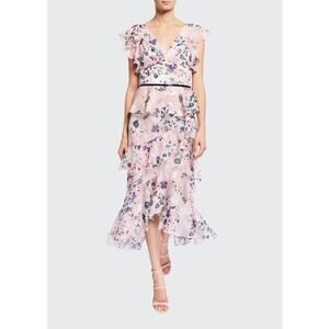 Marchesa Notte Floral Print Burnout Chiffon V-Neck Sleeve Ruffle Dress Size 2